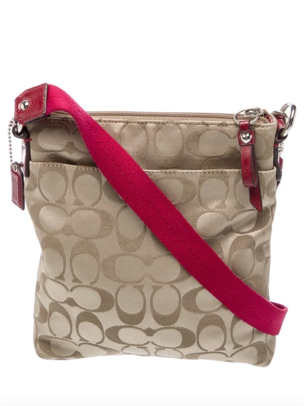 Coach Beige Signature Canvas Crossbody with Red Trim and Strap - Picture 2 of 14